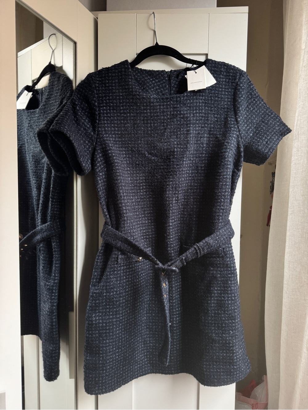 Zara Navy Textured Short-Sleeve Mini Dress with Tie Waist